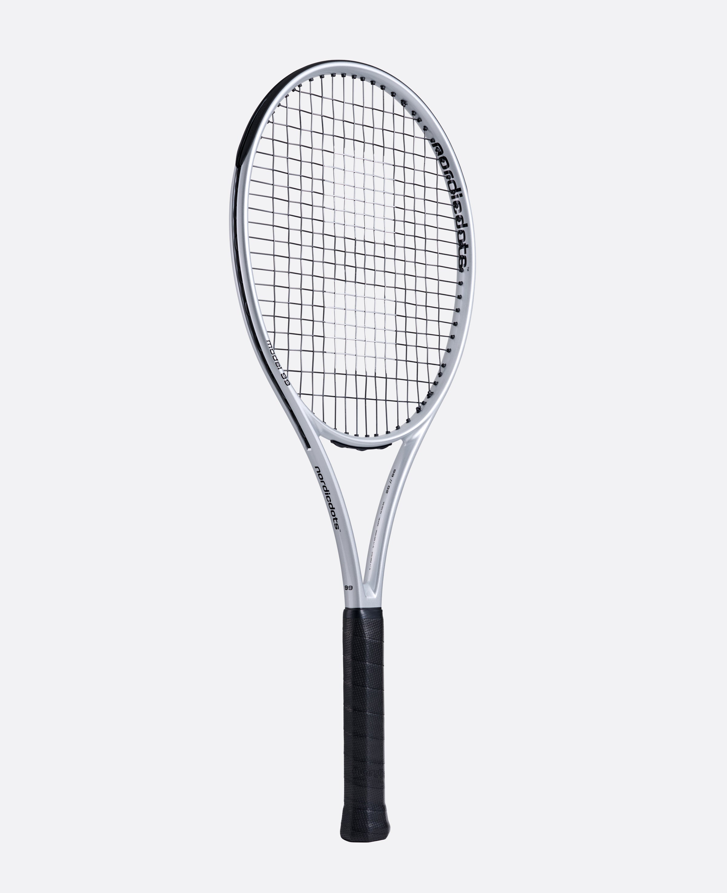 Nordicdots Model 99 G2 Tennis racket in beautiful silver glossy color.