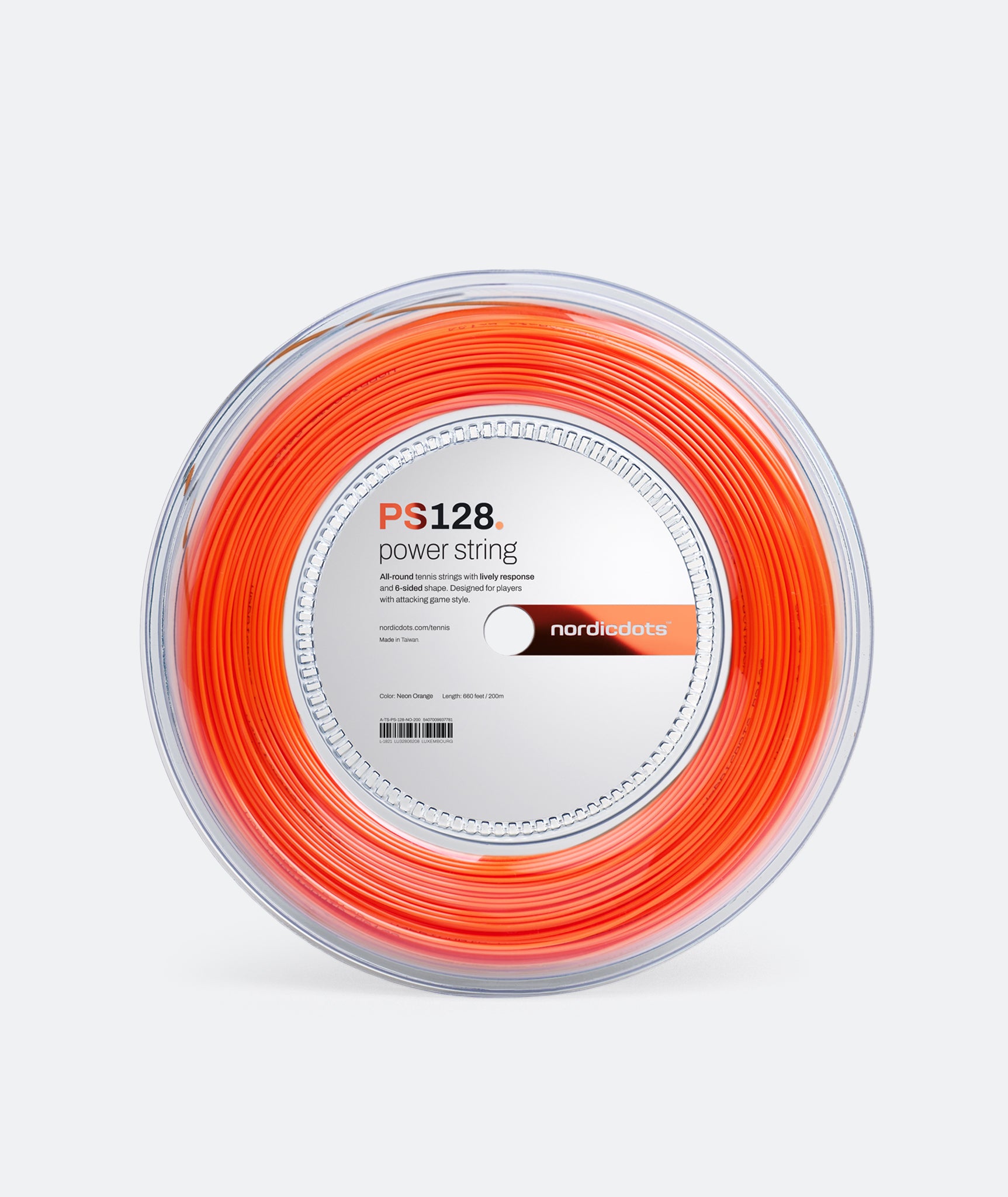 Nordicdots PS128. Power String - great affordable tennis string in neon orange.