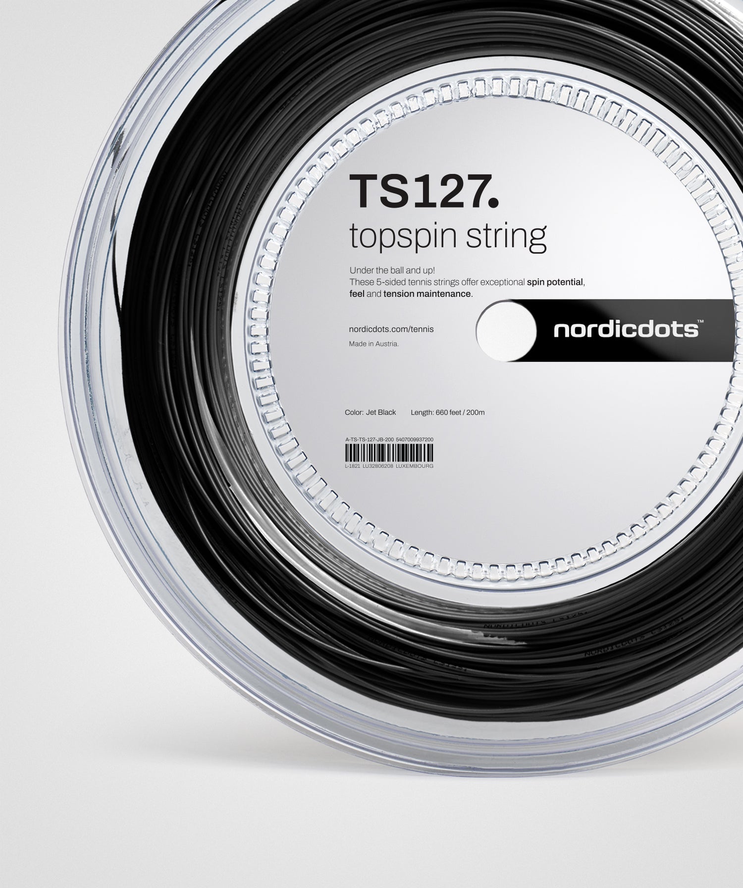 TS127. Topspin String - Jet Black - 200m Reel tennis strings nordicdots.com